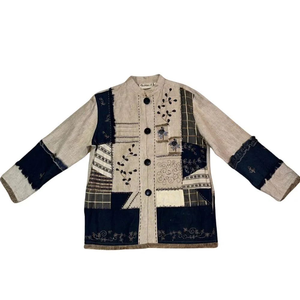Flashback Vintage Women's Linen Patchwork Embroidered Custom Jacket Size Medium